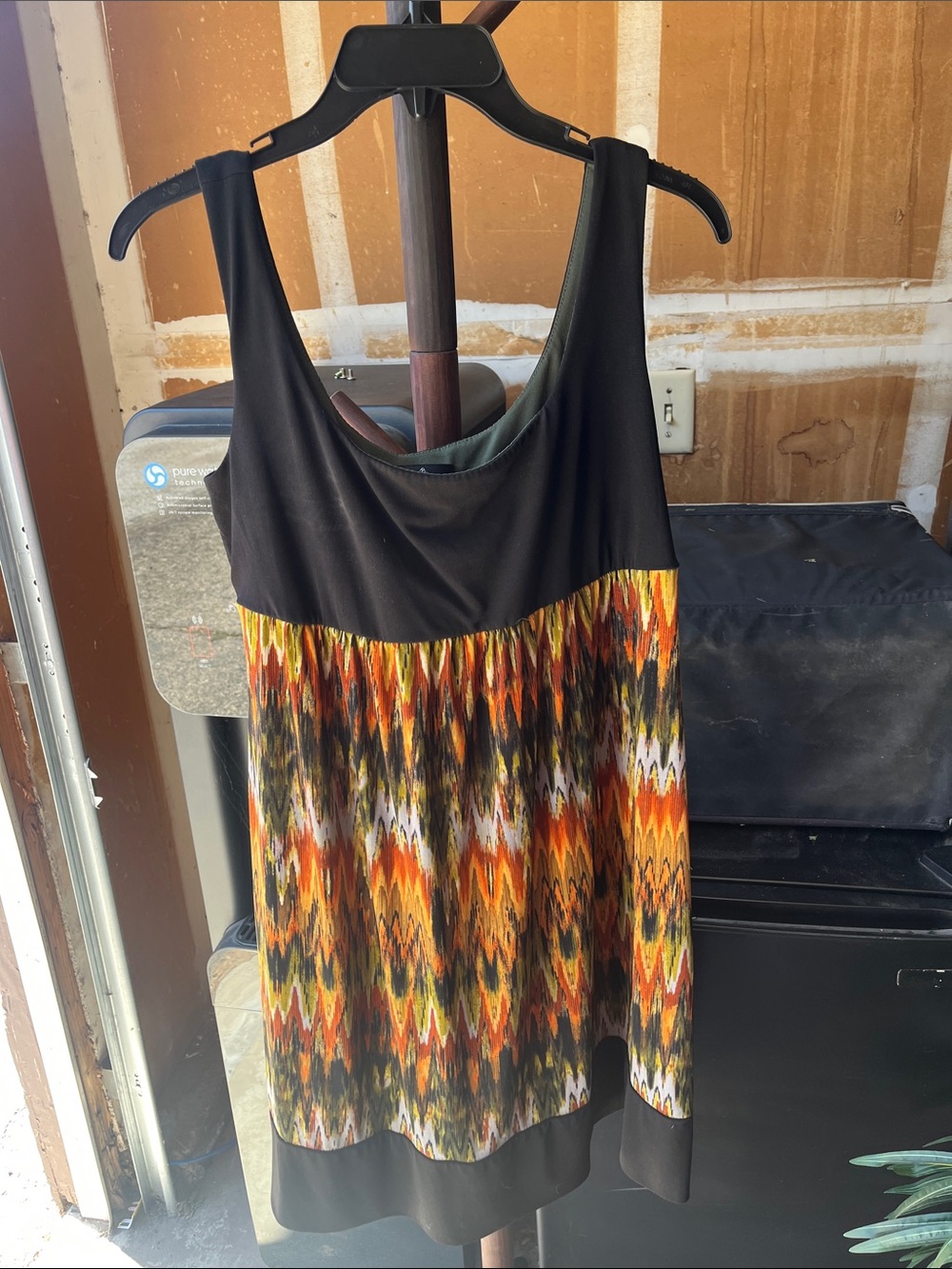 Ronni Nicole Black Tank Dress with Orange, Yellow and Green Ikat Print